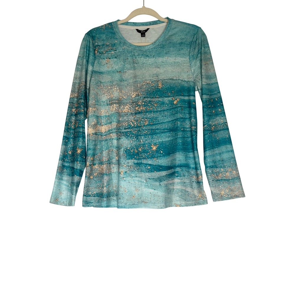 NWT Long Sleeve Top Women M Teal Aqua Abstract Gold Splatter All Over Print
